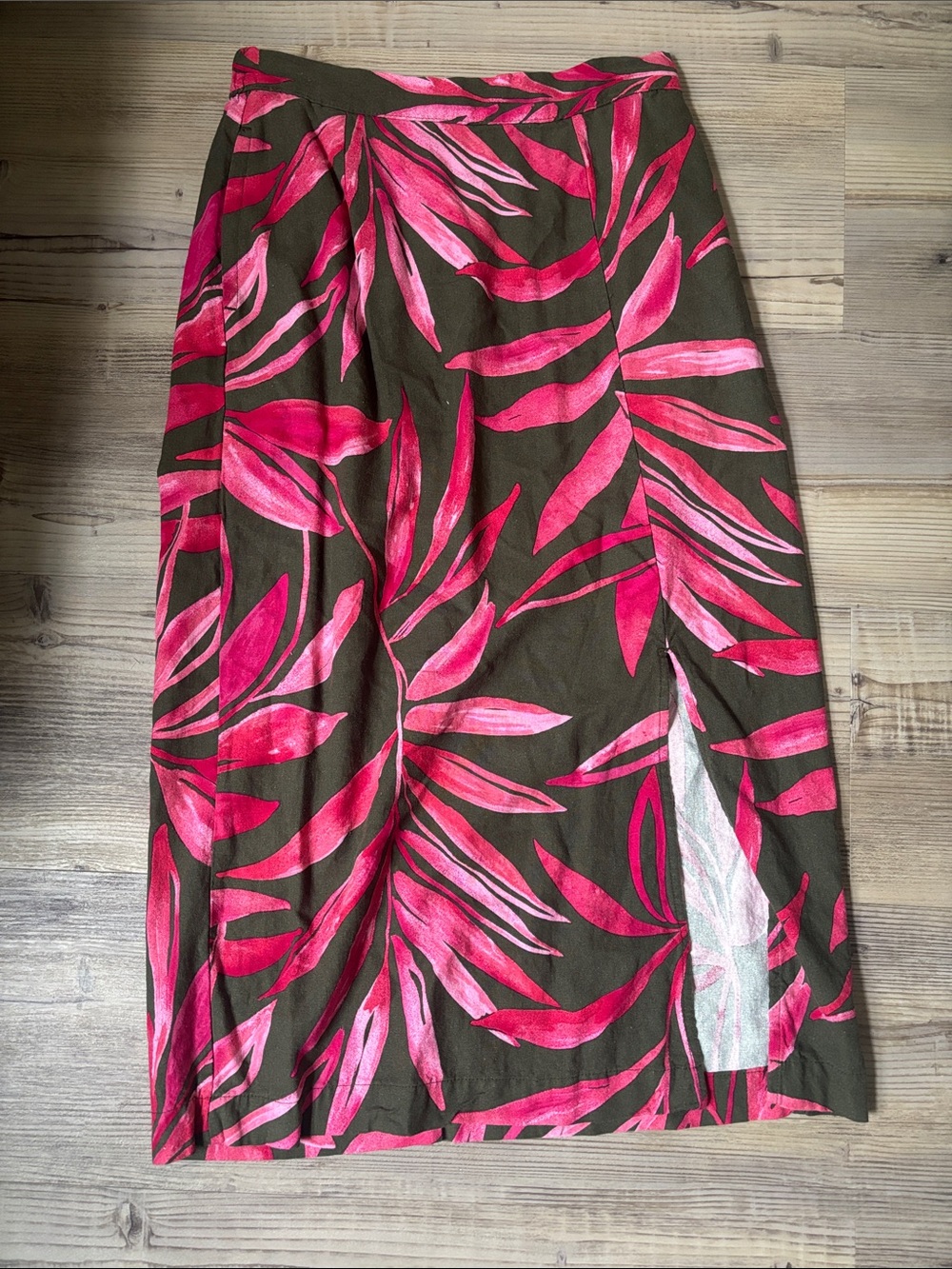 Time and Tru Olive Skirt with Pink Leaf Pattern